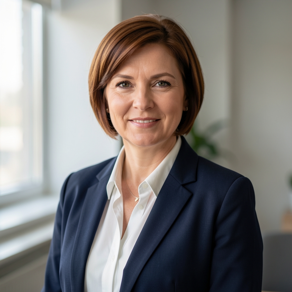 dr. Kristina Vukić, viša analitičarka za monetarnu ekonomiju, žena srednje dobi s naočalama u poslovnom odijelu na neutralnoj tamnoj pozadini