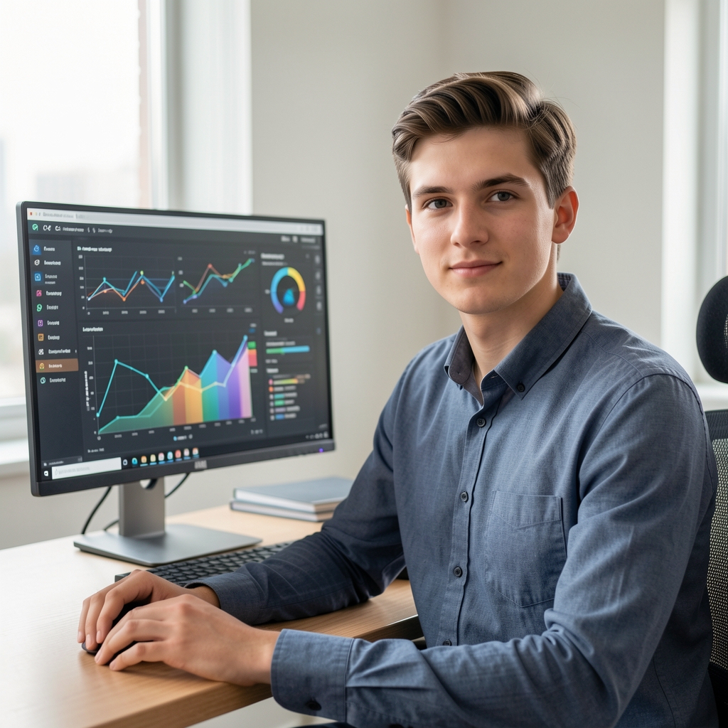 Luka Šimunović, istraživač za blockchain i fintech tehnologije, mladić u casual poslovnom stilu ispred monitora s grafikonima