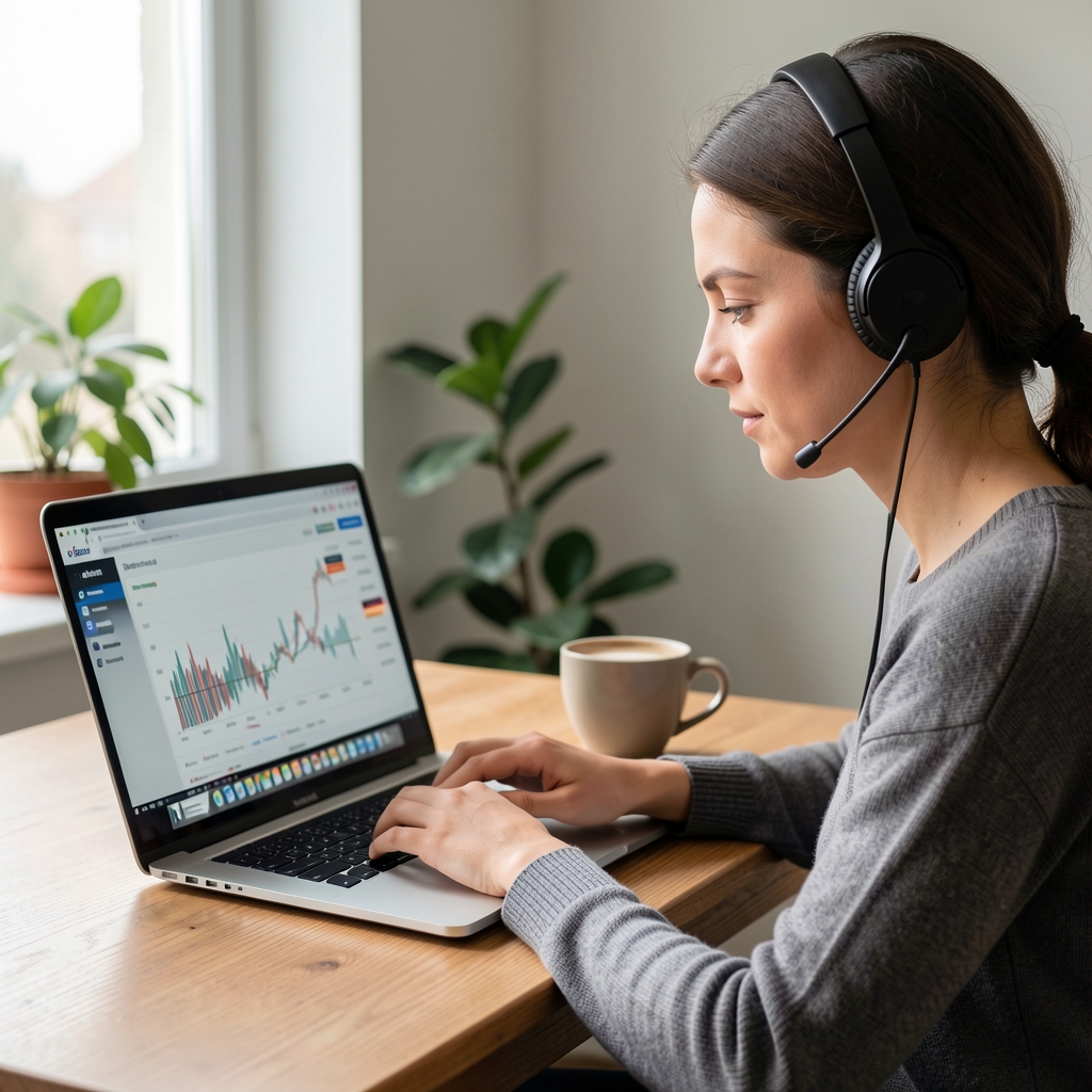 Osoba koja sluša podcast kroz slušalice dok pregledava financijske podatke na laptopu uz šalicu kave
