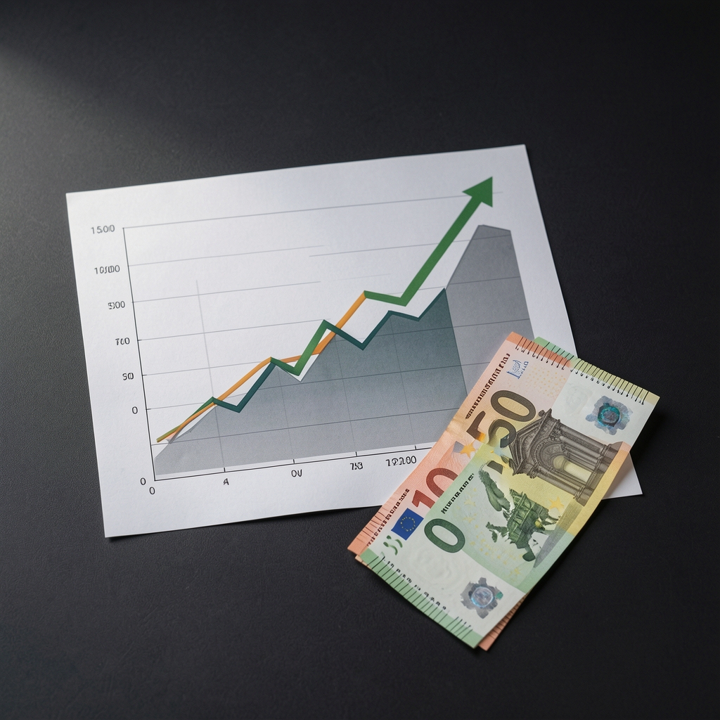 Grafikon burze s rastućim trendovima, portfelj dionica i novčanice eura razmještene na tamnoj podlozi u modernom studijskom okruženju