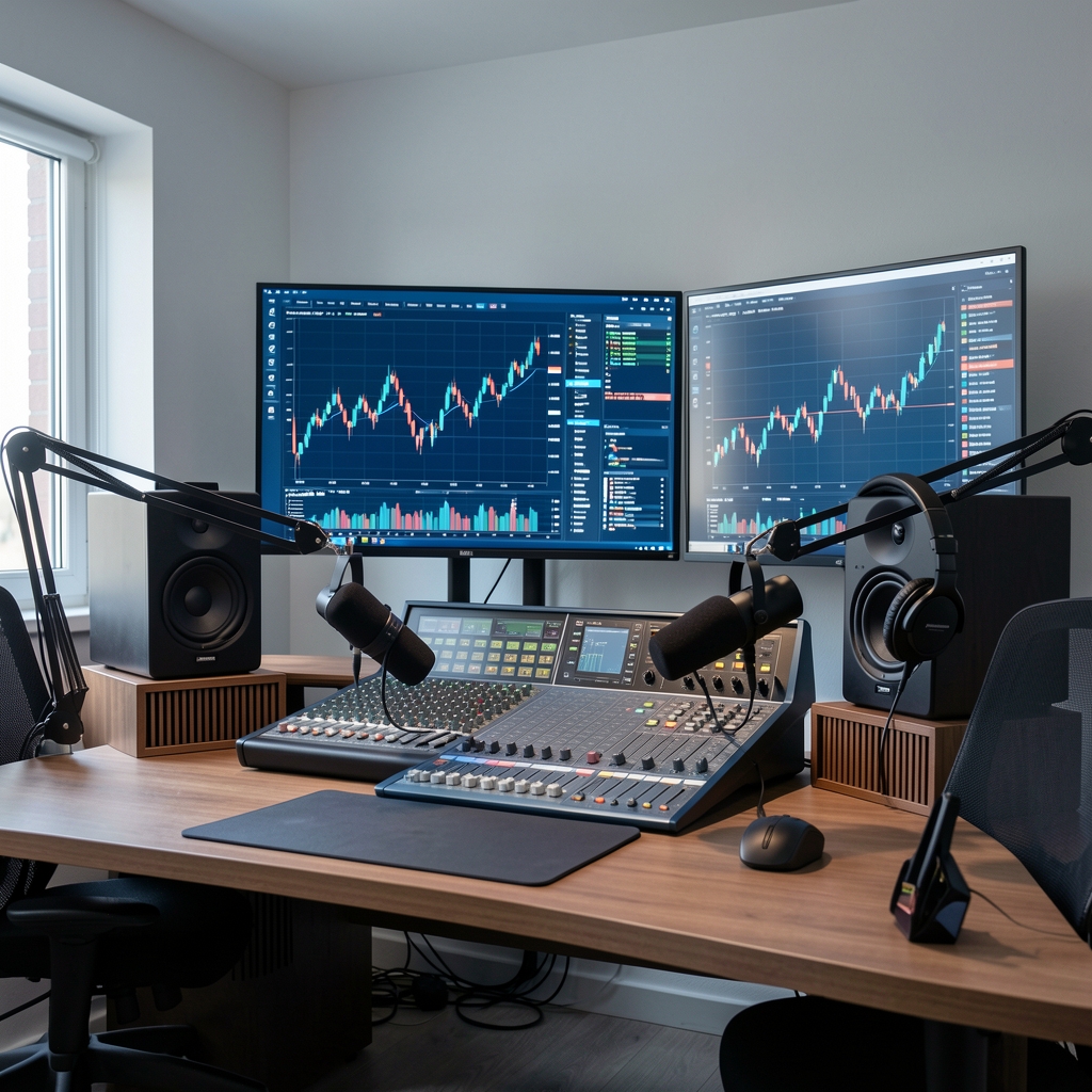 Moderni podcast studio s profesionalnom audio opremom i ekranima s financijskim grafikonima u toplim plavim tonovima