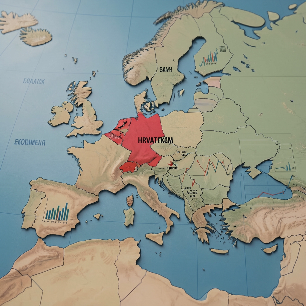 Vizualni identitet podkasta Makro Hrvatska: karta Europe s istaklnutom Hrvatskom i ekonomskim grafikonima